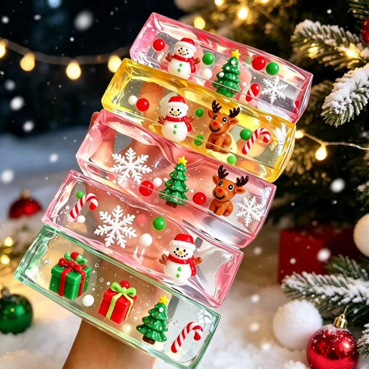 Transparent Christmas Coconut Oil Squishies with holiday decorations
