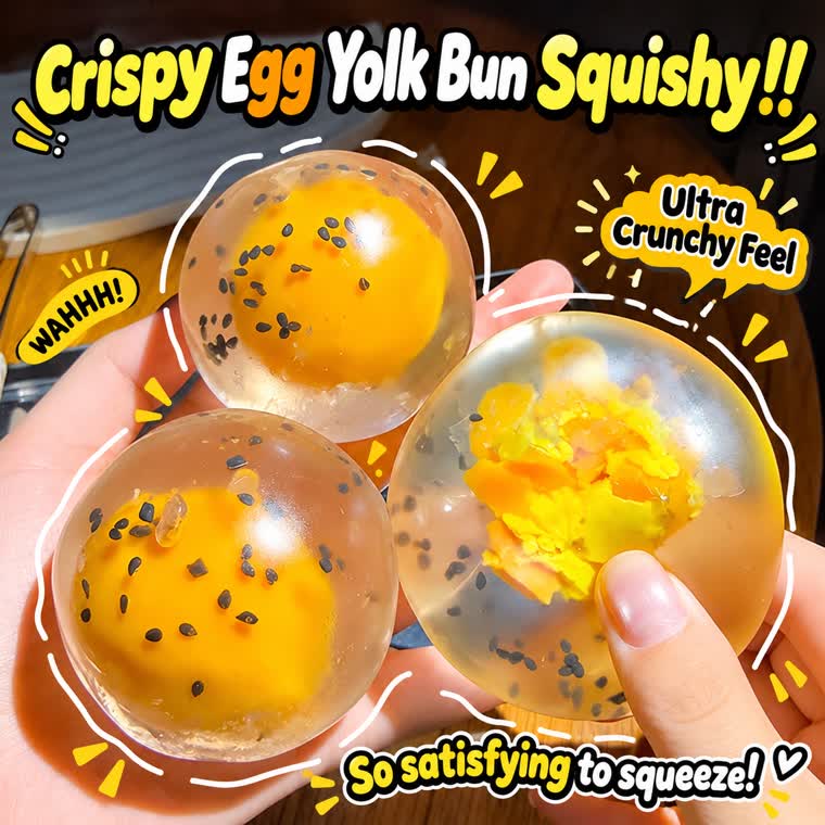 Crispy egg yolk bun squishies with a squeezable non-rebounding center