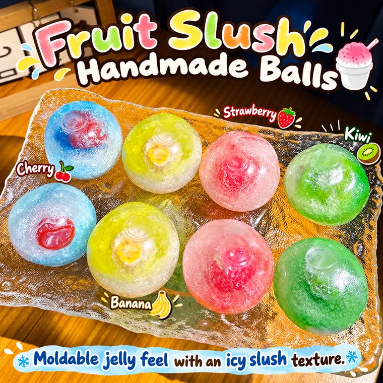 Handmade fruit slush squishy balls in assorted fruit colors